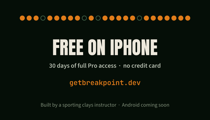 Breakpoint QR card back: Free on iPhone, 30 days of full Pro access, getbreakpoint.dev